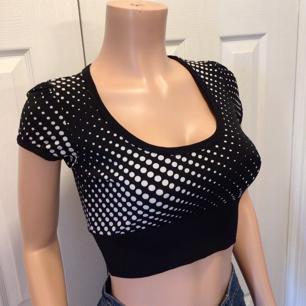 Lola Womens Black/White Polka Dot Short Sleeve Stretch Crop Top Size Medium - Picture 3 of 5
